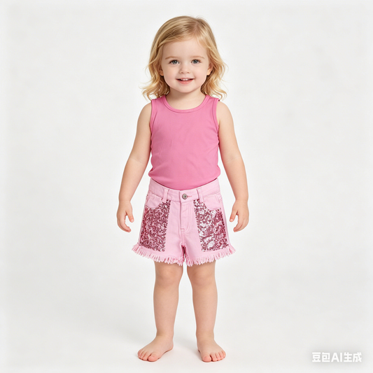 Baby Girls Pink Sleeveless Yoga Vest Top Sequin Denim Shorts Clothes Sets