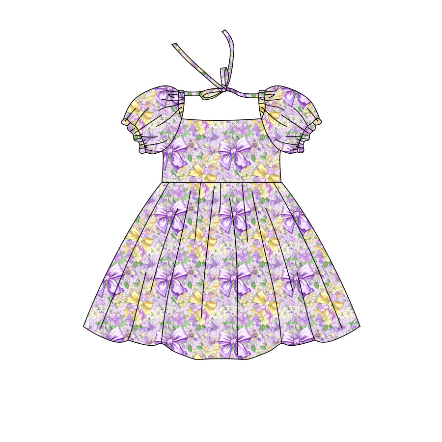 Preorder (moq 5)Baby Girls Short Ruffle Sleeve Colorful Bows Flowers Knee Length Dress