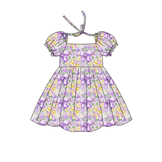 Preorder (moq 5)Baby Girls Short Ruffle Sleeve Colorful Bows Flowers Knee Length Dress