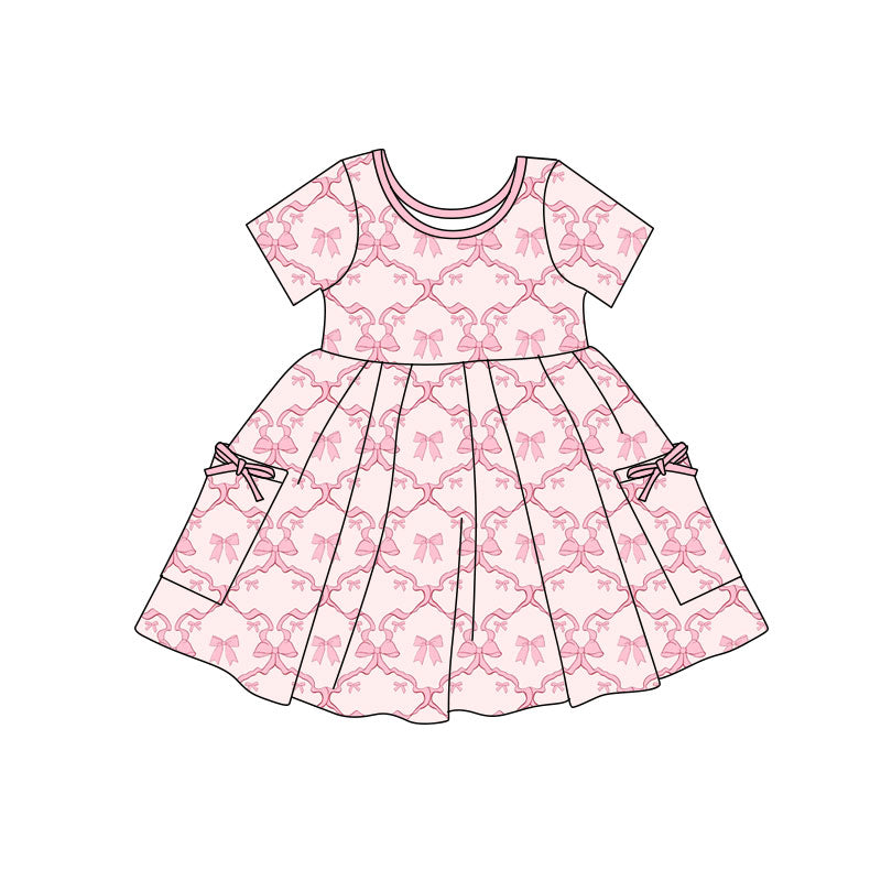 Preorder(moq 5) Baby Girls Pink Bows Checked Pockets Knee Length Dresses