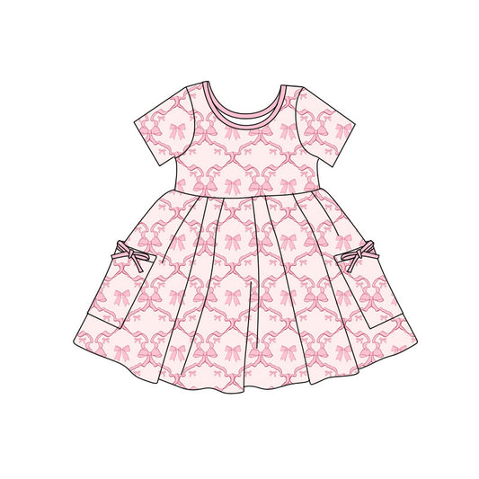 Preorder(moq 5) Baby Girls Pink Bows Checked Pockets Knee Length Dresses