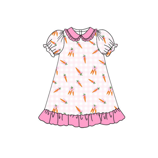 Preorder(moq 5) Baby Girls Pink Checked Bows Carrots Easter Ruffle Knee Length Dresses