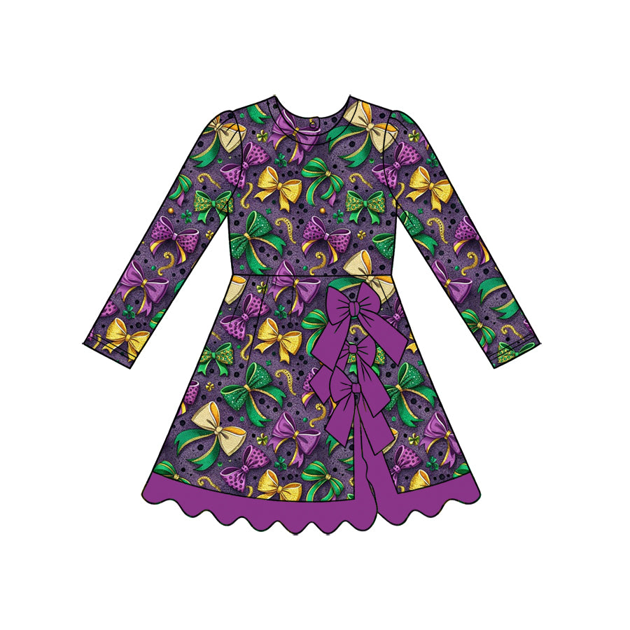 Preorder (moq 5) Baby Girl Clothes Mardi Gras Bow Print Long Sleeve Bow Back Dress