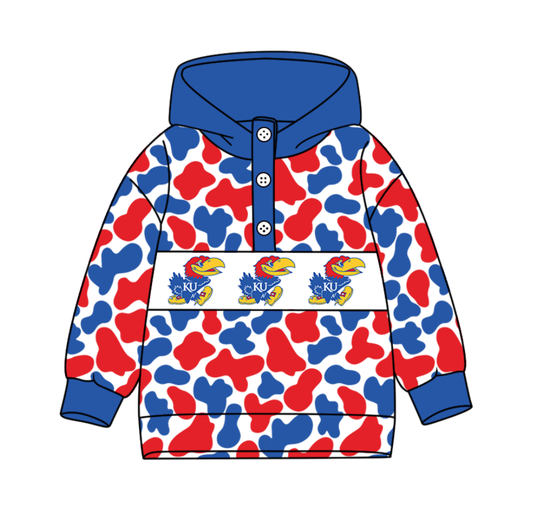 Preorder(moq 8)Baby Boys Blue Red Camo KU Team Button Hoodies Top