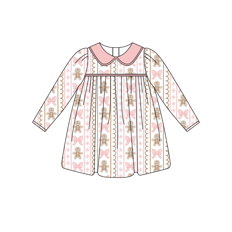 Preorder (moq 5)Baby Girls Bows Gingerbread Stripe Christmas Knee Length Dresses