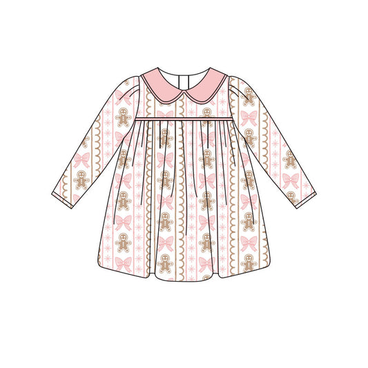 Preorder (moq 5)Baby Girls Bows Gingerbread Stripe Christmas Knee Length Dresses