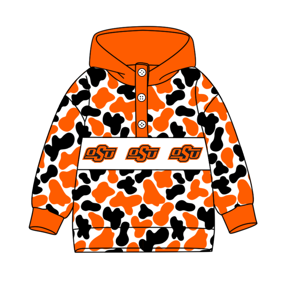 Preorder(moq 8)Baby Boys Black Orange Camo OSU Team Button Hoodies Top