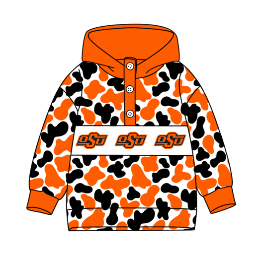 Preorder(moq 8)Baby Boys Black Orange Camo OSU Team Button Hoodies Top