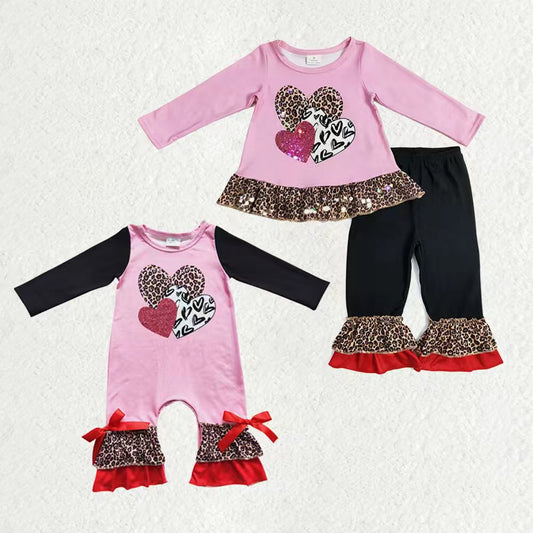 Sibling Baby Girls Leopard Hearts Tunic Ruffle Pants Valentines Clothes Set Footie Rompers