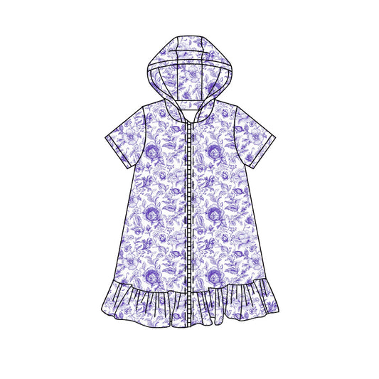 Preorder moq 5 Baby Girls Short Sleeve Purple Flowers Fall Zip Ruffle Knee Length Dresses