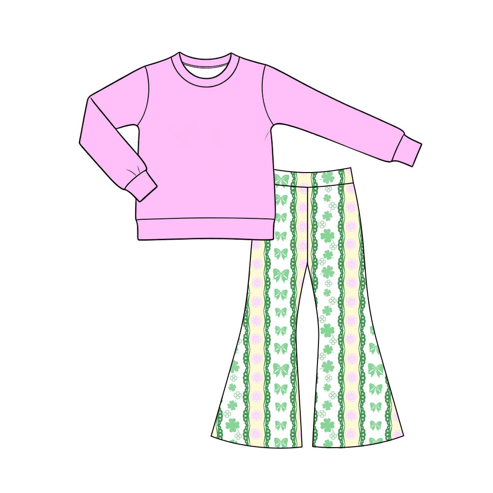 Preorder (moq 5) Baby Girl Clothes St Patrick's Day Clover Bow Floral Striped Print Long Sleeve Flare Pant Set