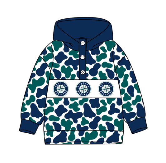 Preorder(moq 8)Baby Boys Blue Green Camo Seattle Team Button Hoodies Top
