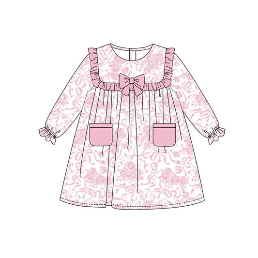Preorder(moq 8)Baby Girls Pink Flowers Bows Pockets Ruffle Sleeve Knee Length Dresses