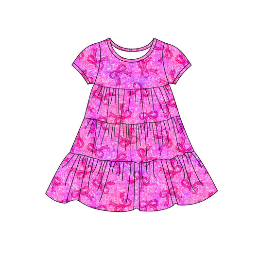 Preorder(moq 5) Baby Girls Hot Pink Bows Patchwork Ruffle Knee Length Dresses