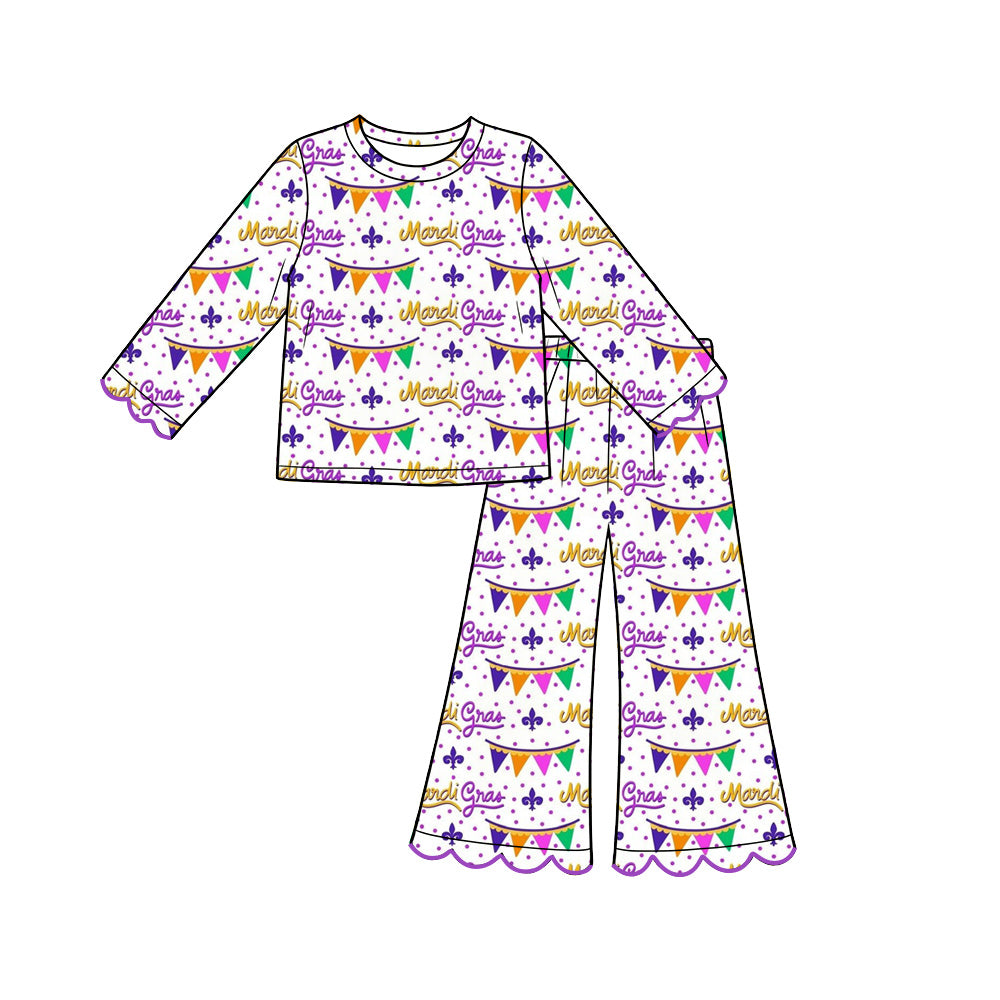 Preorder (moq 5) Girl Clothes Mardi Gras Letter Banner Fleur De Lis Polka Dot Print Scalloped Pajama Set