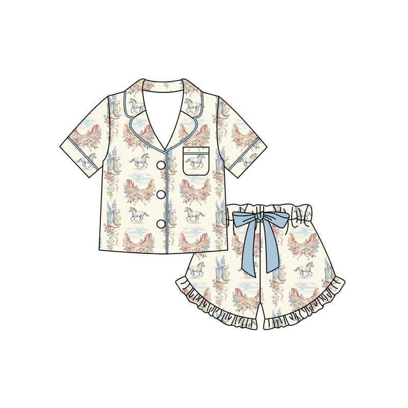 Preorder (moq 5)Baby Girls Flower Boot Hoses Pocket Button Top Ruffle Short Western Pajamas Sets