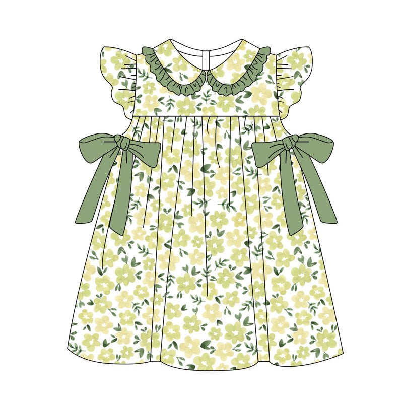 Preorder(moq 5) Baby Girls Flutter Sleeve Green Flowers Bows Knee Length Dresses