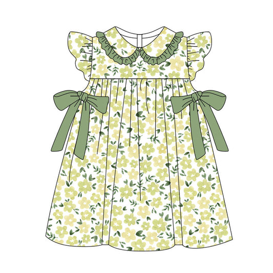Preorder(moq 5) Baby Girls Flutter Sleeve Green Flowers Bows Knee Length Dresses