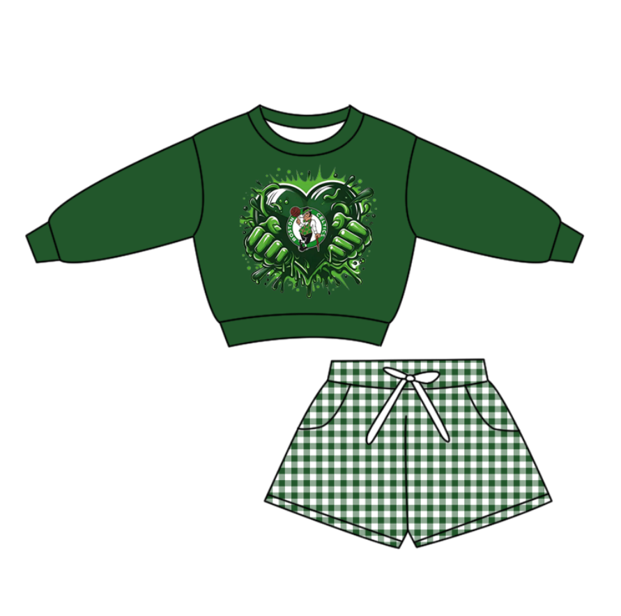 Preorder(moq 5) Baby Boys Hearts Balls Green Checked Pockets Shorts Team Clothes Sets
