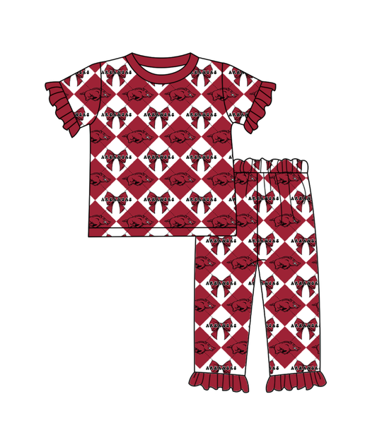 Preorder moq 5 Baby Girls Short Sleeve Red Bulls Bows Top Ruffle Pants Team Clothes Set