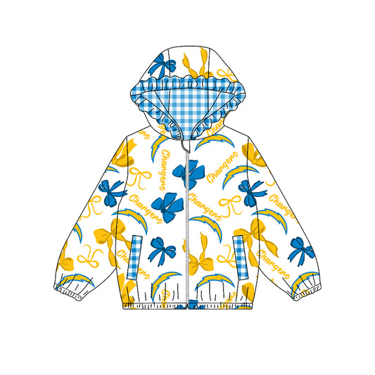 Preorder (moq 5)Baby Girls Bows Chargers Pockets Zipper Team Hoodie Jackets Top