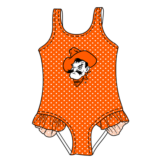 Preorder moq 5 Baby Girls Sleeveless Orange Polka Dots Team Swimsuits