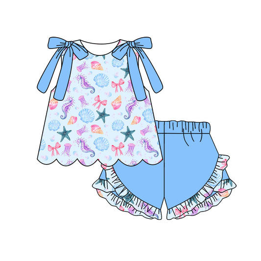 Preorder (moq 5)Baby Girls Sleeveless Sea World Bows Tunic Ruffle Short Clothes Sets