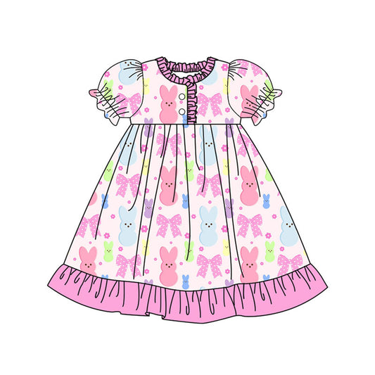Preorder (moq 5)Baby Girls Colorful Flowers Rabbits Easter Button Ruffle Knee Length Dress
