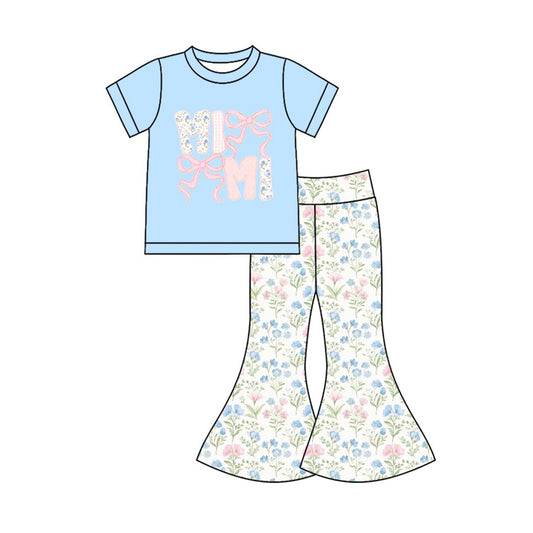 Preorder(moq 8)Baby Girls Blue Flowers Bows Mini Top Bell Bottom Pants Clothes Sets