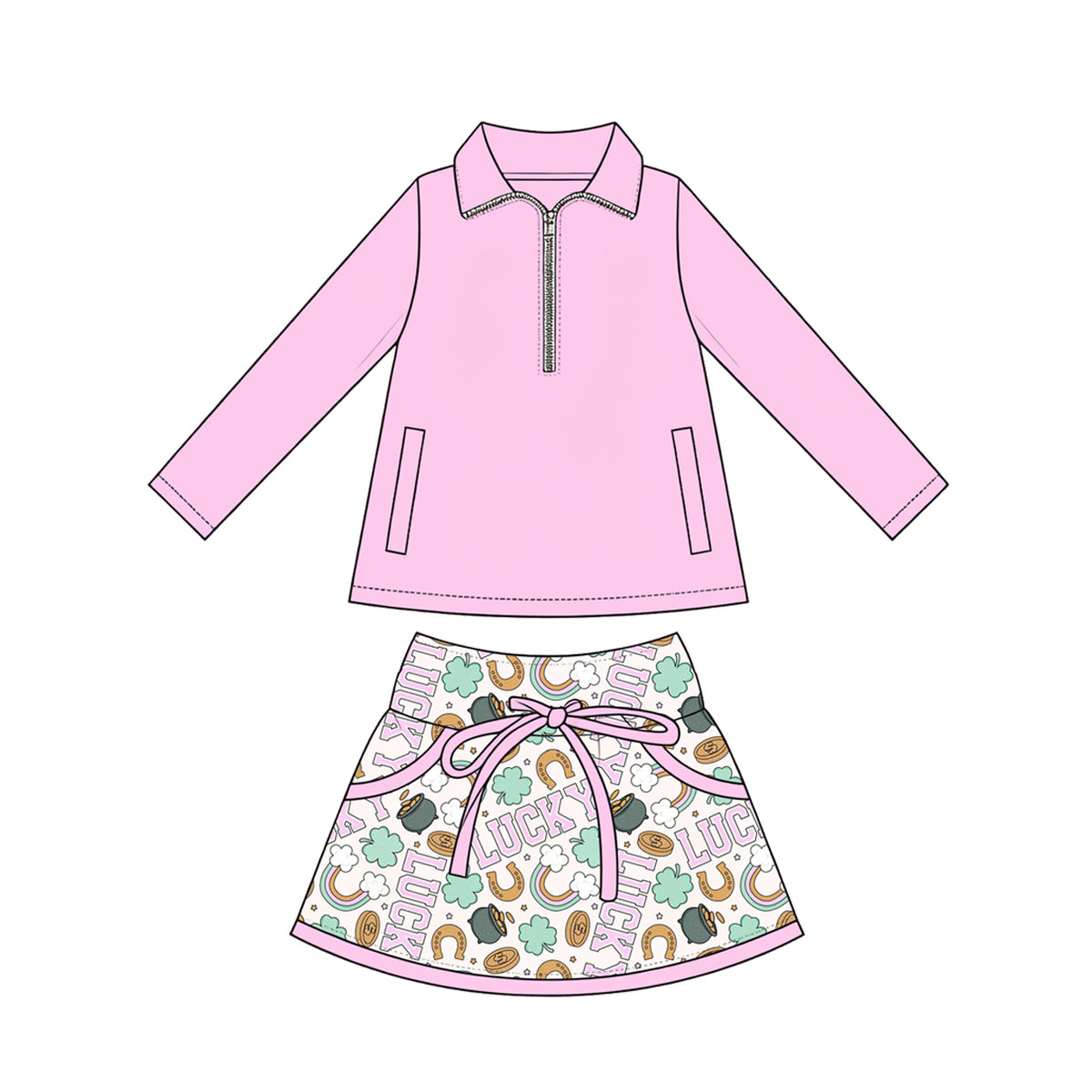 Preorder (moq 5) Baby Girl Clothes St Patrick Lucky Horseshoe Clover Rainbow Print Pink Long Sleeve Half Zip Top Bow Skirt Set
