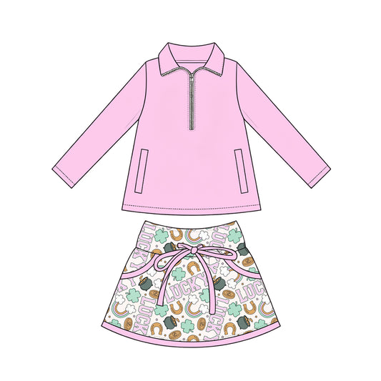 Preorder (moq 5) Baby Girl Clothes St Patrick Lucky Horseshoe Clover Rainbow Print Pink Long Sleeve Half Zip Top Bow Skirt Set