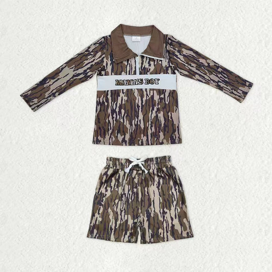 Baby Boys Southern Olive Camo Embroidery Mama's Boy Zip Pullover Pockets Shorts Clothes Sets