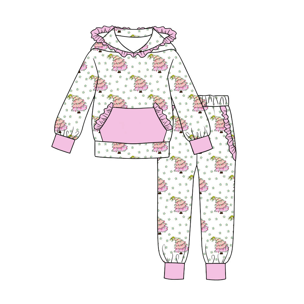 Preorder (moq 5) Baby Girls Trees Stars Pocket Ruffle Hoodie Jogger Christmas Clothes Sets