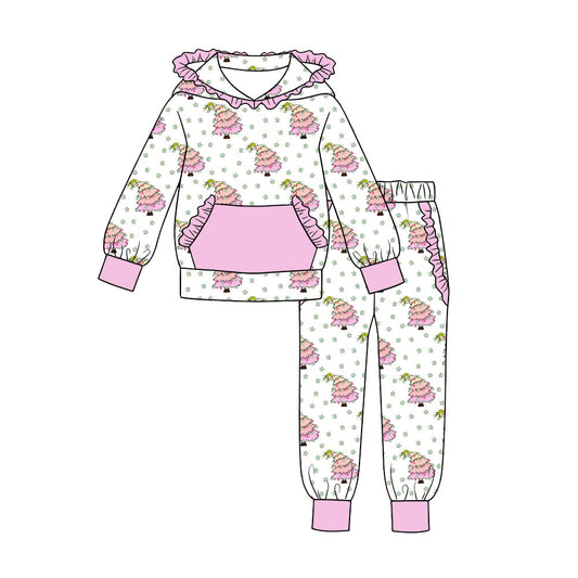 Preorder (moq 5) Baby Girls Trees Stars Pocket Ruffle Hoodie Jogger Christmas Clothes Sets