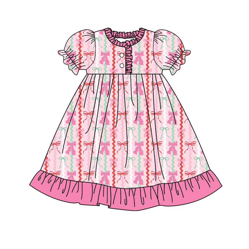 Preorder(moq 8)Baby Girls Red Green Bows Stripe Christmas Button Ruffle Knee Length Dresses