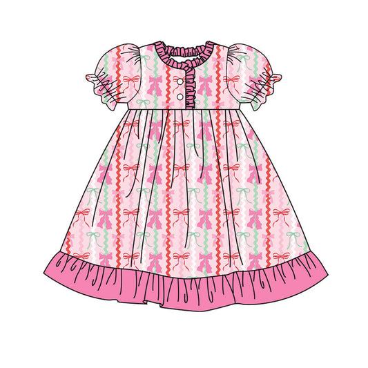 Preorder(moq 8)Baby Girls Red Green Bows Stripe Christmas Button Ruffle Knee Length Dresses