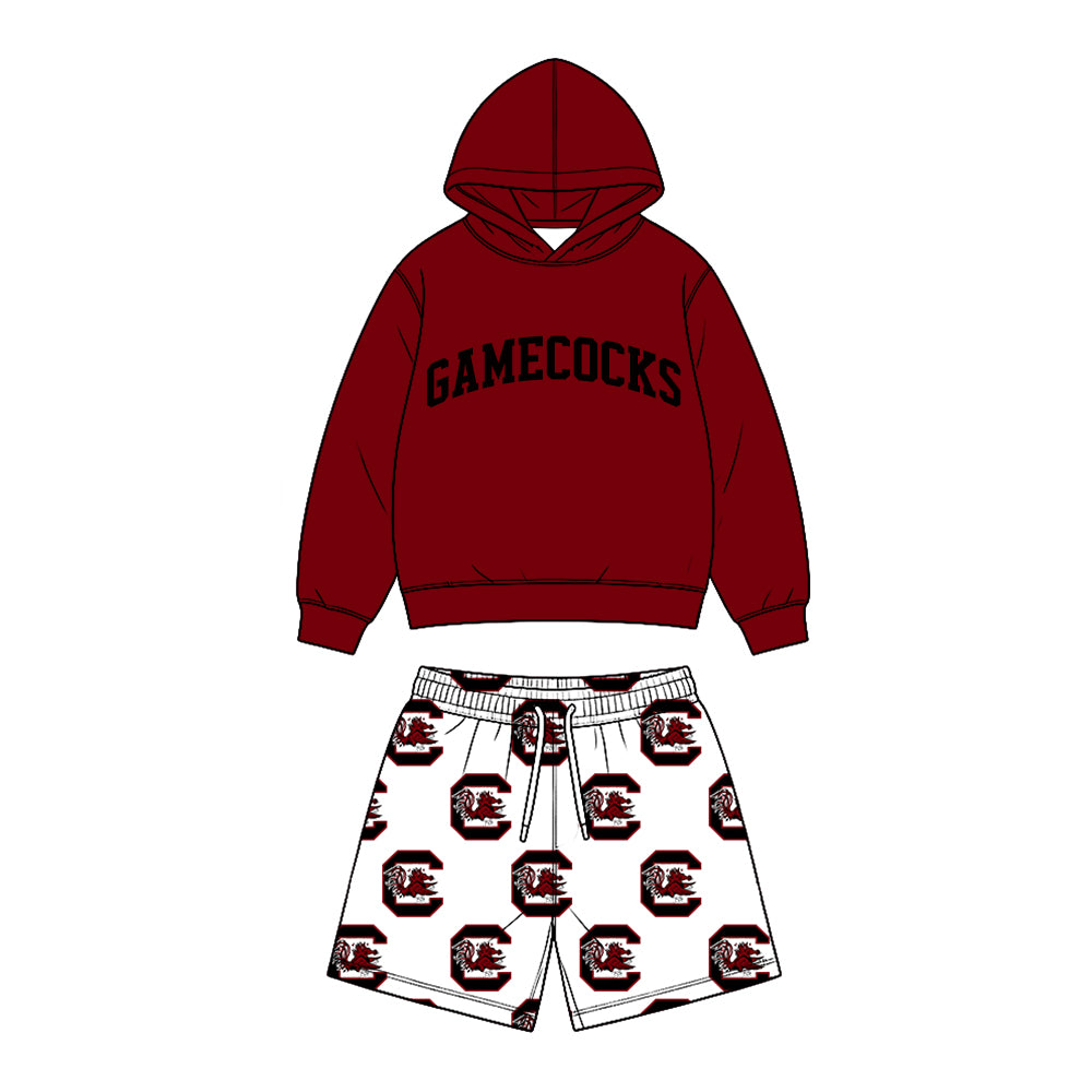 Preorder (moq 5) Baby Boy Clothes Gamecocks Logo Print Long Sleeve Hoodie & Elastic Waist Short Set
