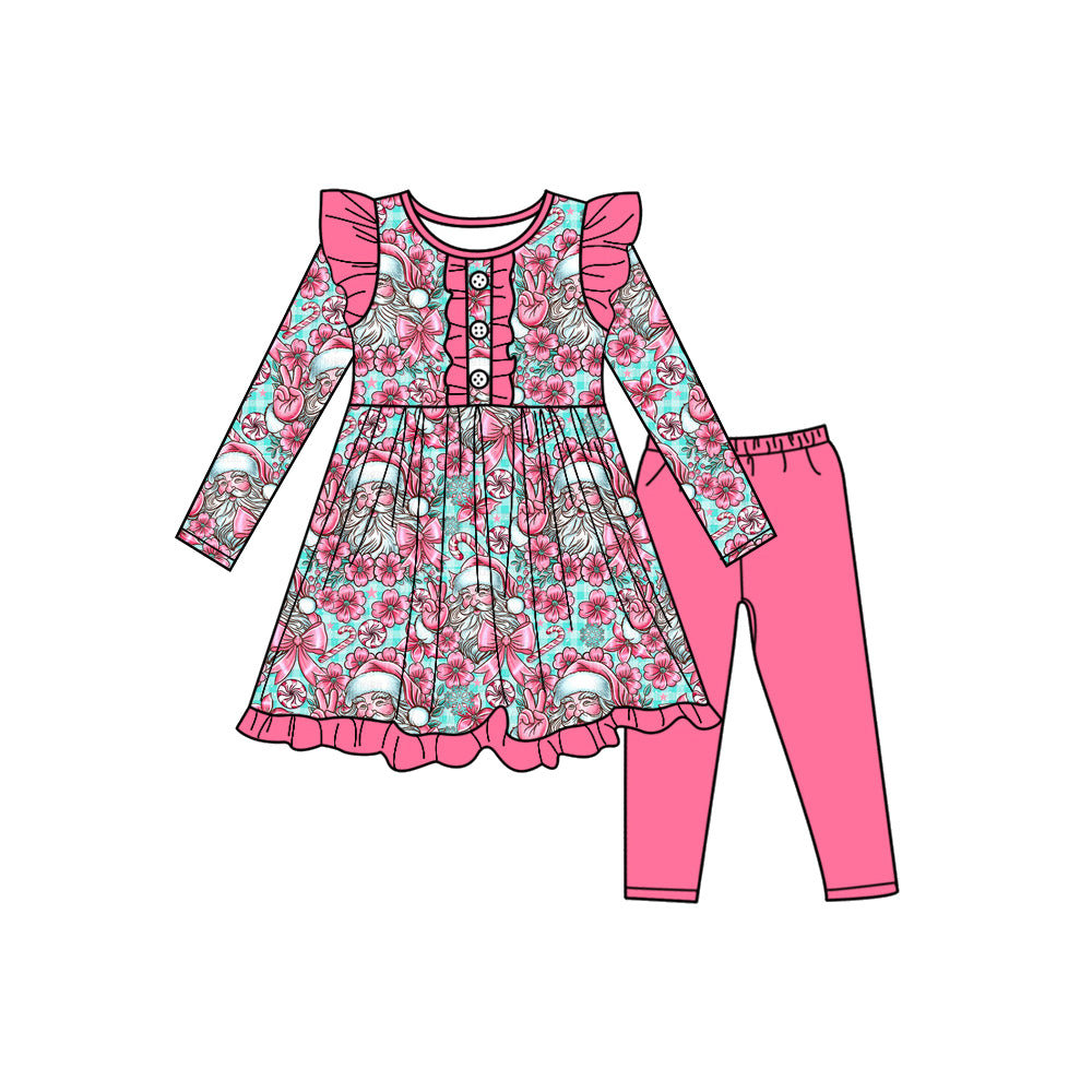 Preorder (moq 5)Baby Girls Long Sleeves Pink Santa Flowers Button Tunic Leggings Pants Set