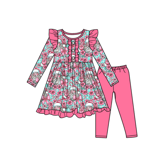 Preorder (moq 5)Baby Girls Long Sleeves Pink Santa Flowers Button Tunic Leggings Pants Set