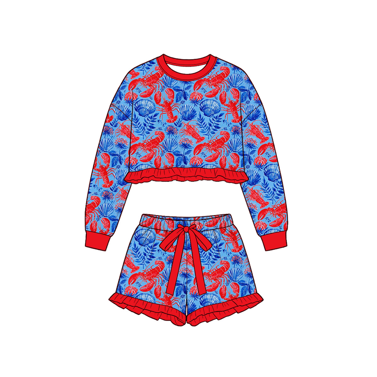 Preorder (moq 5) Baby Girl Clothes Red Lobster Blue Shell Print Long Sleeve Ruffle Crop Top Bow Ruffle Shorts Set