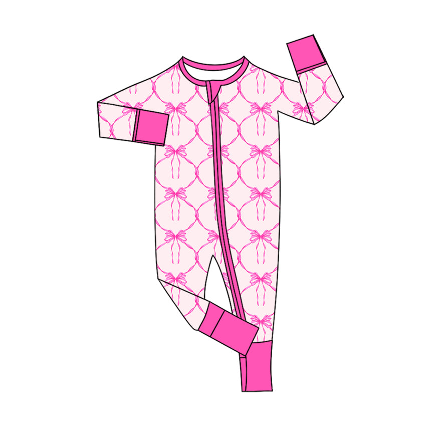 Preorder (moq 20)Baby Girls Bamboo Pink Bows Checked Zipper Footie Rompers