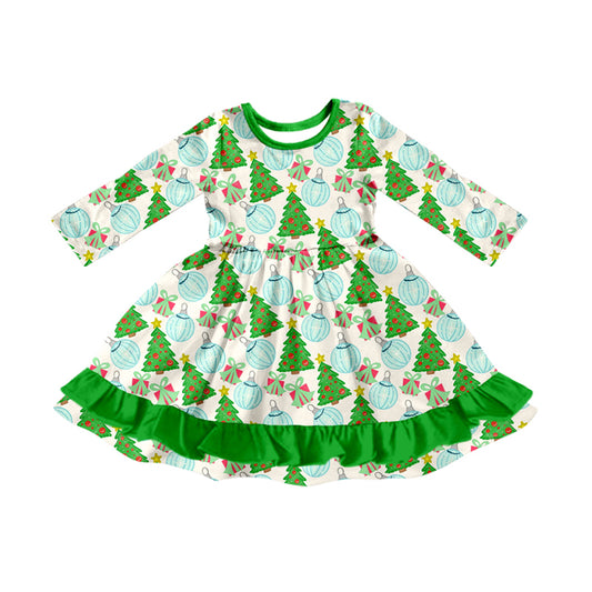 Preorder (moq 5)Baby Girls Trees Lights Christmas Ruffle Knee Length Dress
