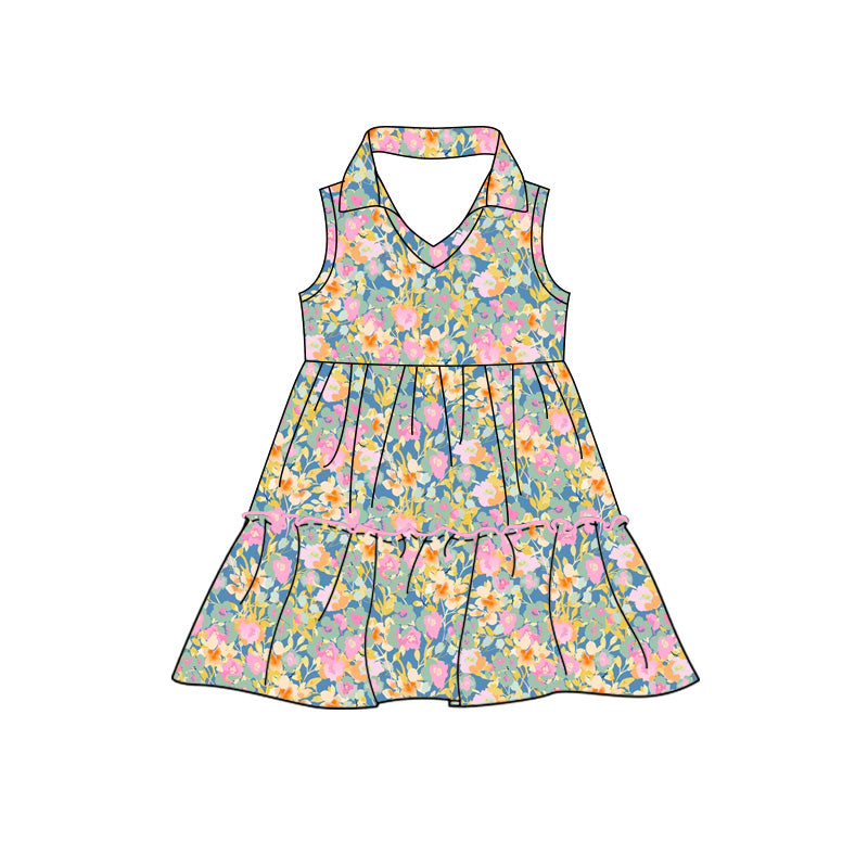 Preorder (moq 5)Baby Girls Sleeveless Colorful Floral Patchwork Knee Length Dresses