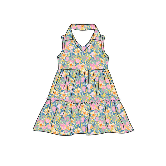 Preorder (moq 5)Baby Girls Sleeveless Colorful Floral Patchwork Knee Length Dresses