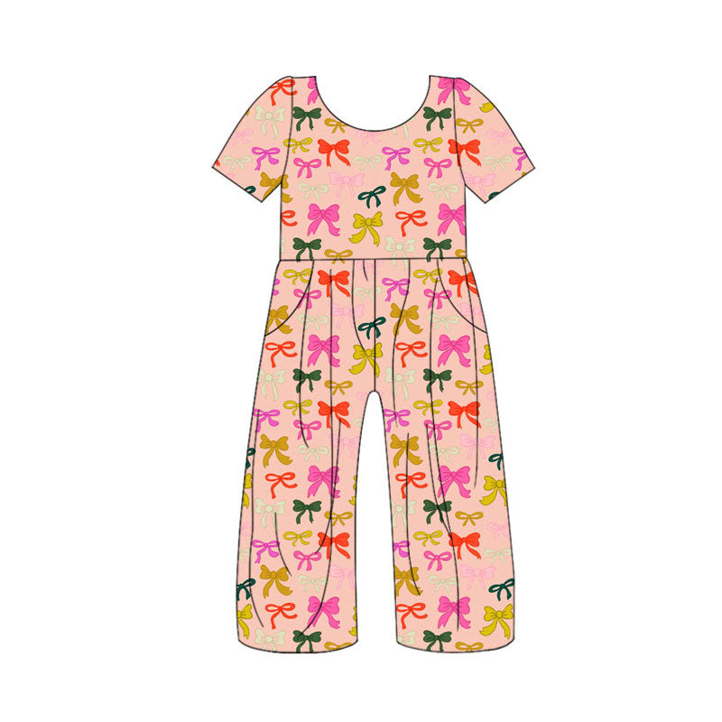 Preorder (moq 5)Baby Girls Short Sleeve Colorful Bows Pockets Pants Jumpsuits