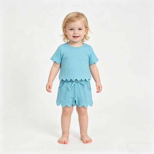 Baby Girls Blue Short Sleeve Top Pockets Shorts Scallop Cotton Clothes Sets