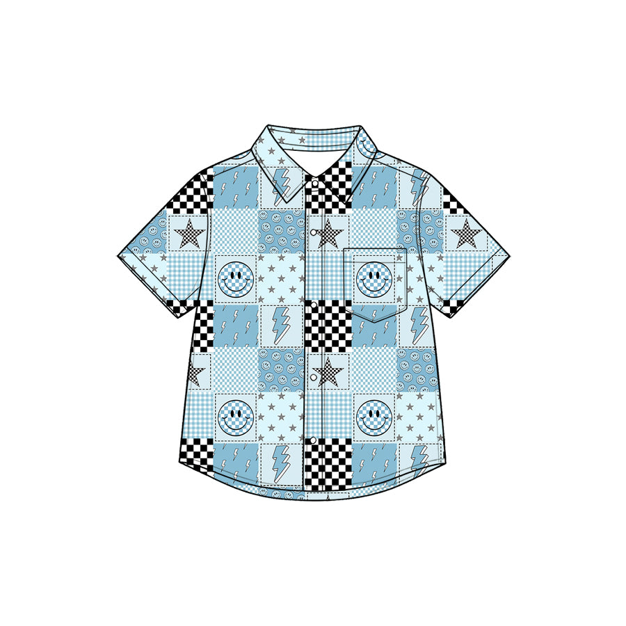 Preorder (moq 5) Baby Boy Clothes Patchwork Check Smile Star Lightning Mixed Print Short Sleeve Button Down Shirt