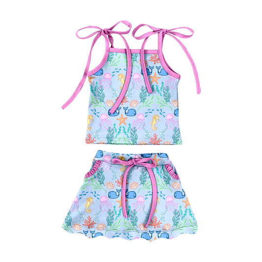 Preorder (moq 5)Baby Girls Strap Sea World Plants Top Pockets Scallop Skirt Shorts Swimsuits Clothes Set