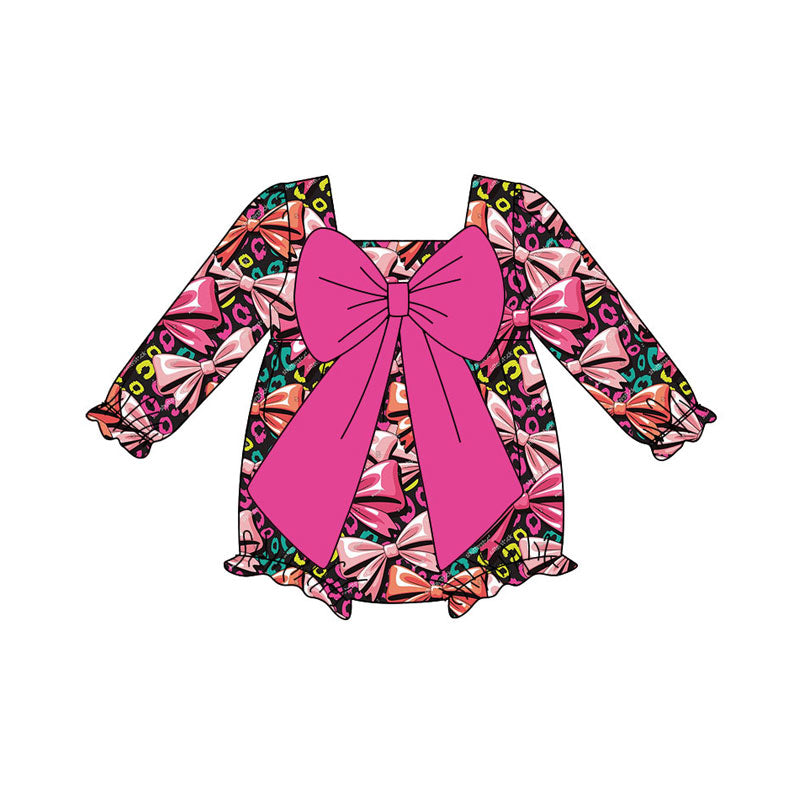 Preorder (moq 8)Baby Girls Hot Pink Leopard Bows Plaid Ruffle Rompers