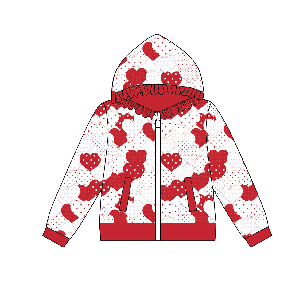 Preorder (moq 5) Baby Girl Clothes Red White Polka Dot Heart Print Long Sleeve Ruffle Zip Hoodie Jacket